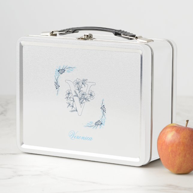Initial "V" Blue Monogram Calm Floral Metal Lunch Box (In Situ)
