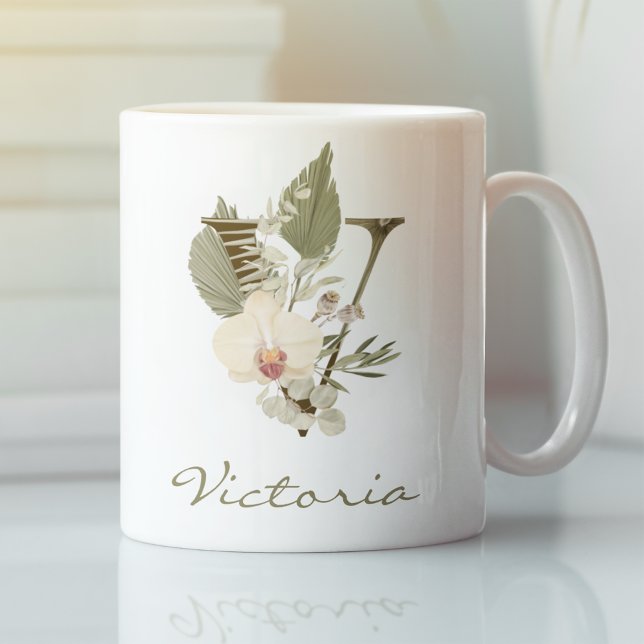 Initial V Boho Floral Orchid Greenery Custom Name Coffee Mug (Creator Uploaded)