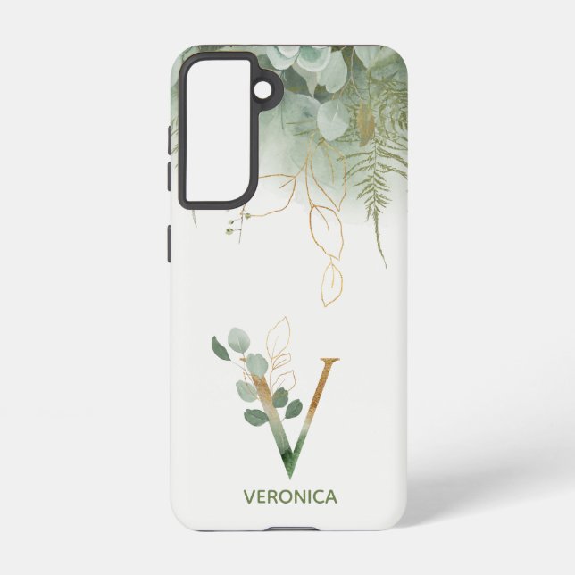 Initial V Gold & Greenery Elegant Samsung Galaxy S21 Case (Back)