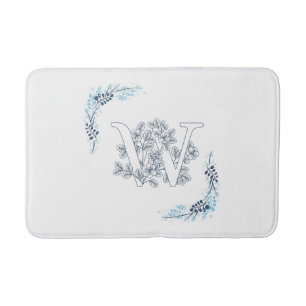Initial "W" Blue Monogram Calm Floral Bath Mat