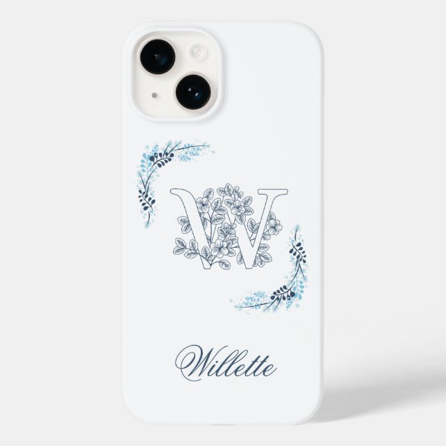Initial "W" Blue Monogram Calm Floral Case-Mate iPhone Case (Back)
