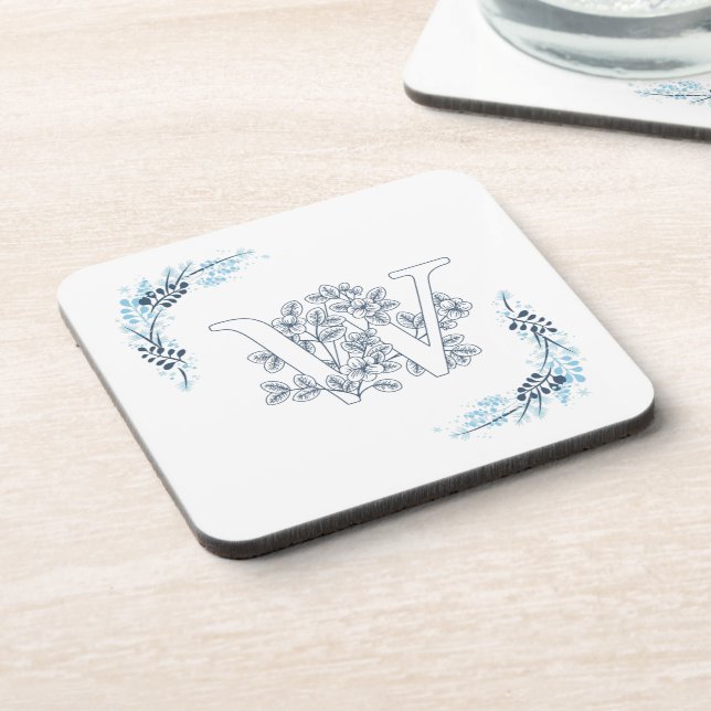 Initial "W" Blue Monogram Calm Floral Coaster (Left Side)