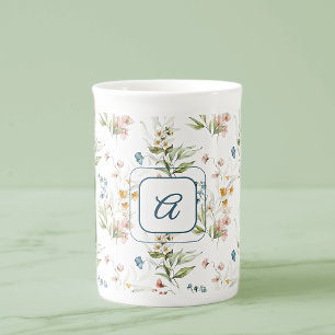 Initial, Watercolor 1600s Floral Art 10oz Bone China Mug
