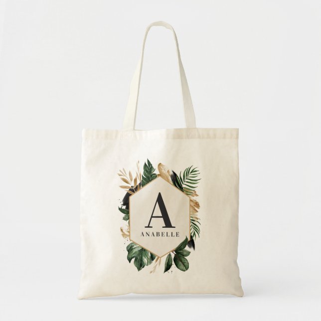 Initial watercolor tropical foliage tote bag (Front)