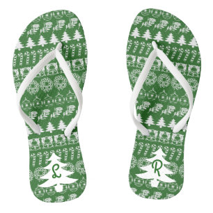 Initial - White/Green Christmas Fun Font Pattern Flip Flops