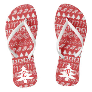 Initial - White/Red Christmas Fun Font Pattern Flip Flops
