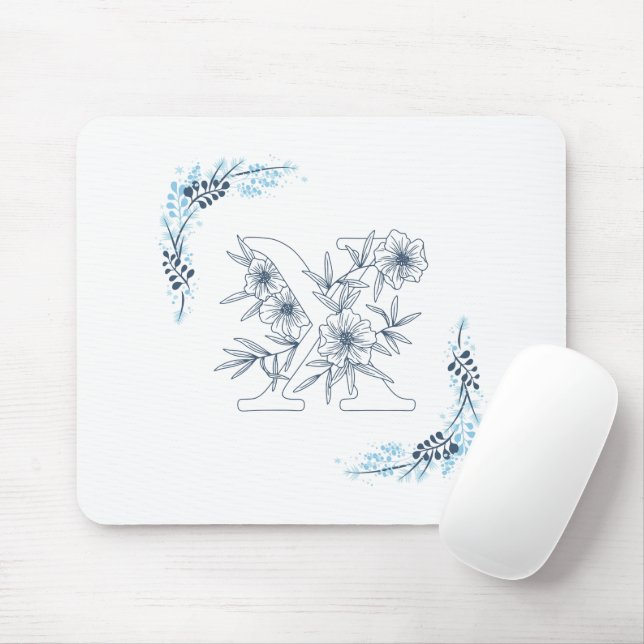 Initial "X" Blue Monogram Calm Floral Mouse Pad (With Mouse)