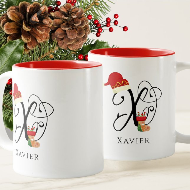 Initial X Name Elegant Modern Script Christmas Two-Tone Coffee Mug (Creator Uploaded)
