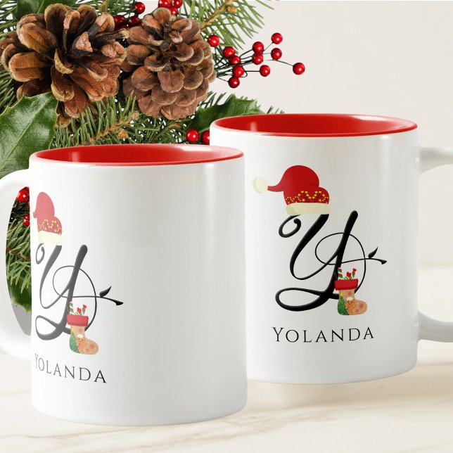 Initial Y Modern Name Script Elegant Christmas Two-Tone Coffee Mug (Creator Uploaded)
