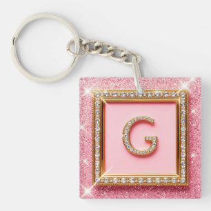 Initiale Diamant G Cadre Or Paillettes Roses Monog