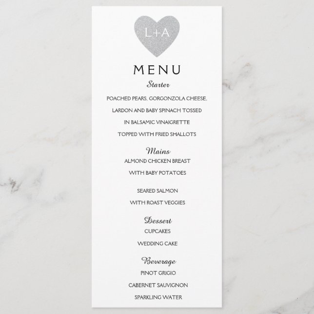 Initiales élégantes de coeur d'argent de menu de (Devant)