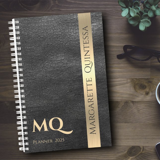 Initiales en cuir noir monogramme or Nom 2024 (Créateur téléchargé)