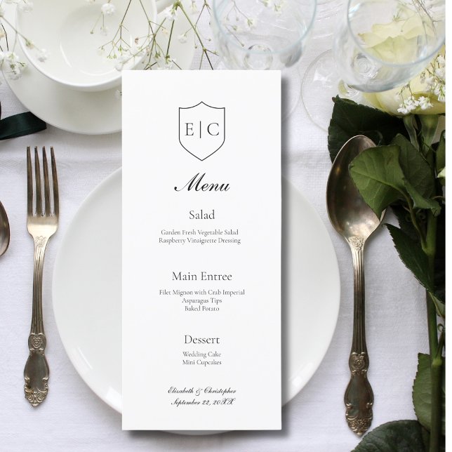 Initiales Monogramme Menu de Mariage Moderne Minim (Monogram Initials Modern Simple Black White Minimalist Wedding Menu)