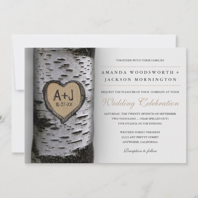 Initiales sculptées Birch Tree Wedding Invitations (Devant)