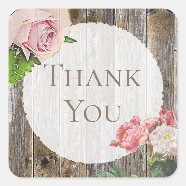 Initialled Rustic Wood Pink Rose Thank You Sticker (Front)