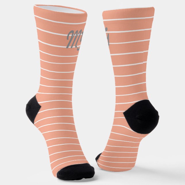 Initials adorable stipped pattern Pink white cozy Socks (Angled)