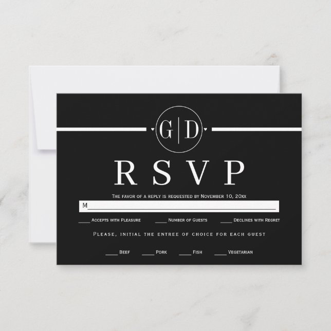 Initials and white stripe minimalist wedding RSVP card (Front)