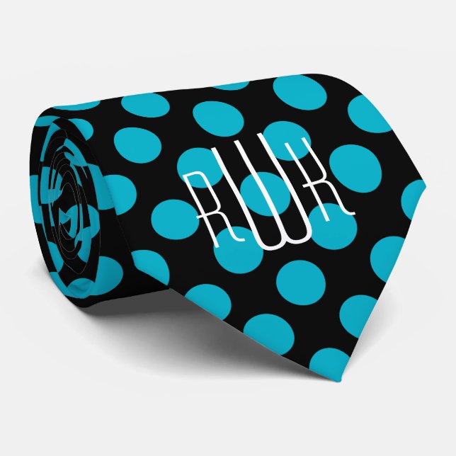 Initials Aqua Black Polka Dots Tie (Rolled)
