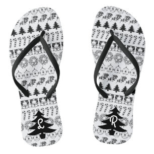 Initials   Black & White Iconic Christmas Pattern Flip Flops