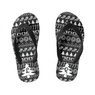 Initials   Black & White Iconic Christmas Pattern Kid's Flip Flops