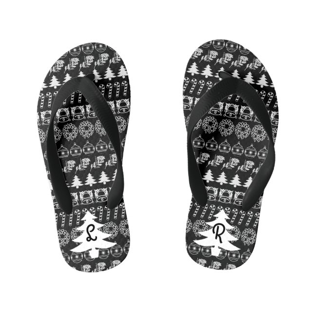 Initials | Black & White Iconic Christmas Pattern Kid's Flip Flops (Footbed)