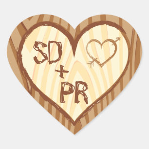 Initials Carved in Wood Heart - Custom Stickers