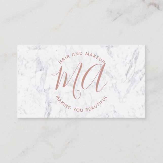 Initials chic rose gold script simple white marble business card (Front)
