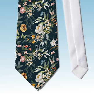 Initials, Colorful Floral Pattern on Oxford Blue Tie
