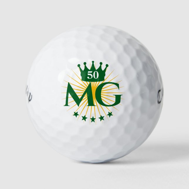 Initials Crown Stars Forest Green 50th Birthday Golf Balls (Front)