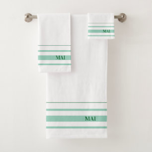 Initials cute green stripes minimalist White Bath Towel Set