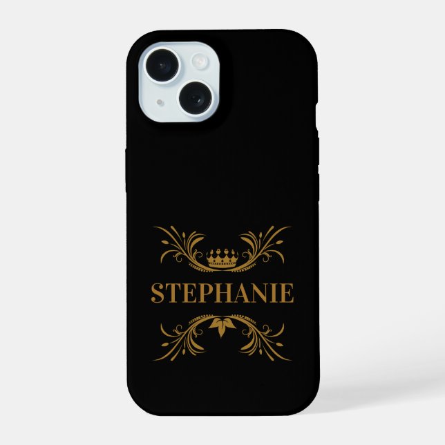 Initials Elegant Black and Gold Crown iPhone 15 Case (Back)
