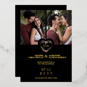 Initials Elegant Floral Red Heart 2 Photos Black