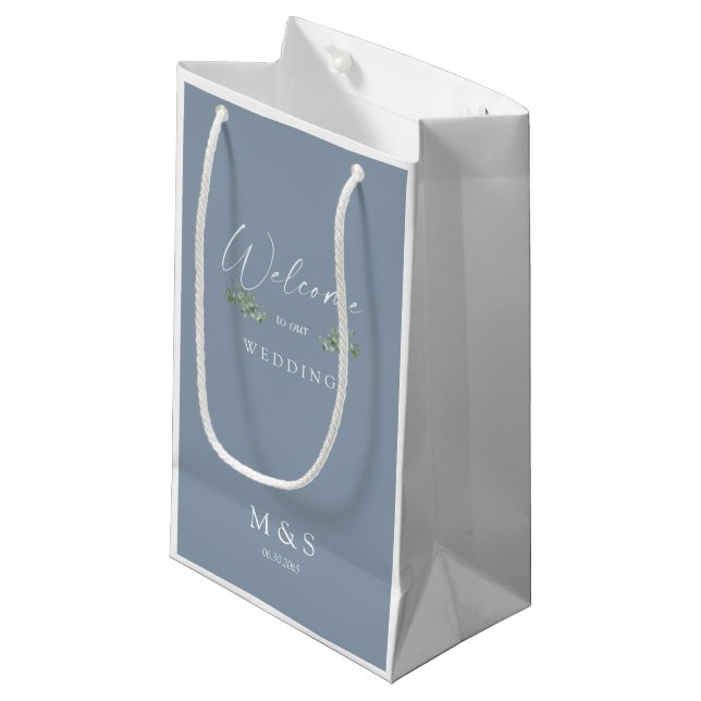 Initials Eucalyptus Wedding Favour Dusty Blue Small Gift Bag (Front Angled)