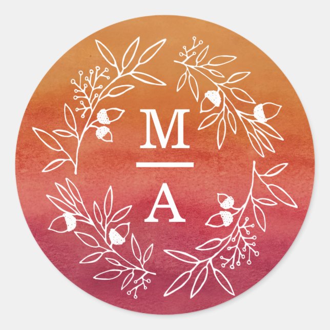 Initials Fall Wedding Engagement Party Branches Classic Round Sticker (Front)