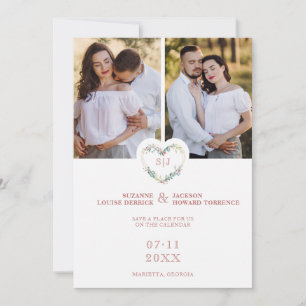 Initials Floral Pink Heart 2 Photos on White Save The Date