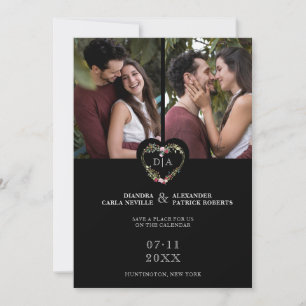 Initials Floral Red Heart 2 Photos on Black Save The Date