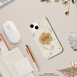 Initials girly kraft paper background dried floral iPhone 14 case