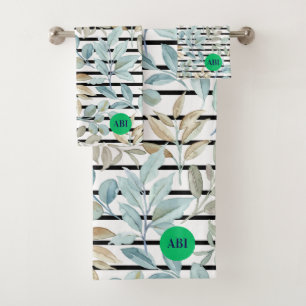 Initials girly pastel Botanical Blue Stripes Chic Bath Towel Set