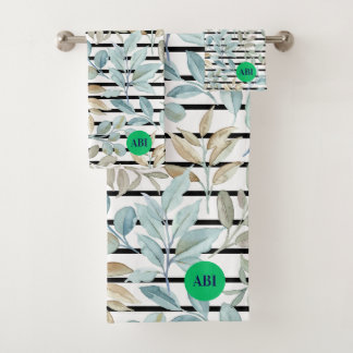 Initials girly pastel Botanical Blue Stripes Chic Bath Towel Set