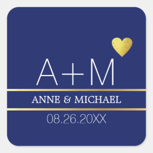 initials, heart, name & date on navy blue wedding square sticker