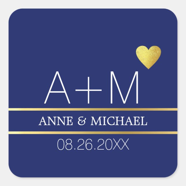 initials, heart, name & date on navy blue wedding  square sticker (Front)