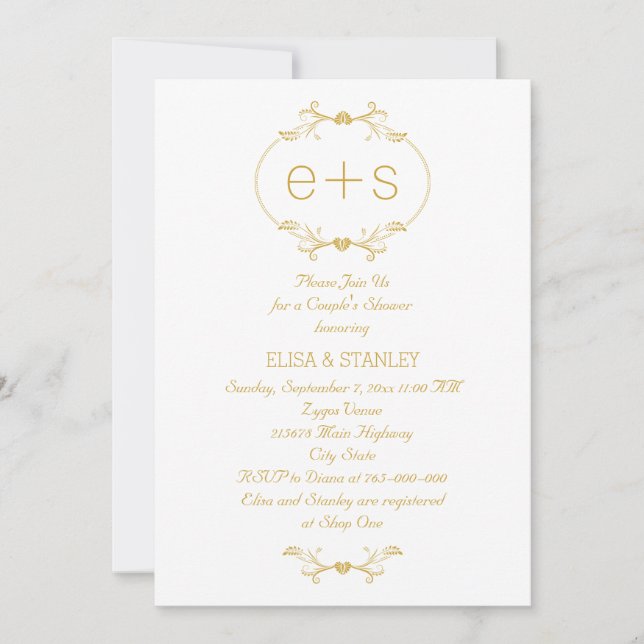 Initials in a gold frame wedding  couple's shower invitation (Front)
