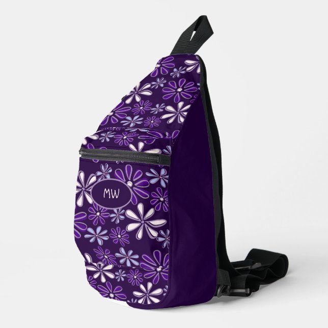 Initials Indigo Flower Doodle Pattern Dark Violet Sling Bag (Right Corner)