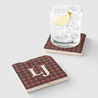Initials Lumberjack Red Black Buffalo Plaid Stone Coaster