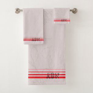 Initials modern pink background red striped Chic Bath Towel Set