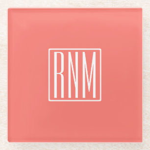 Initials Monogram   White On Coral Glass Coaster