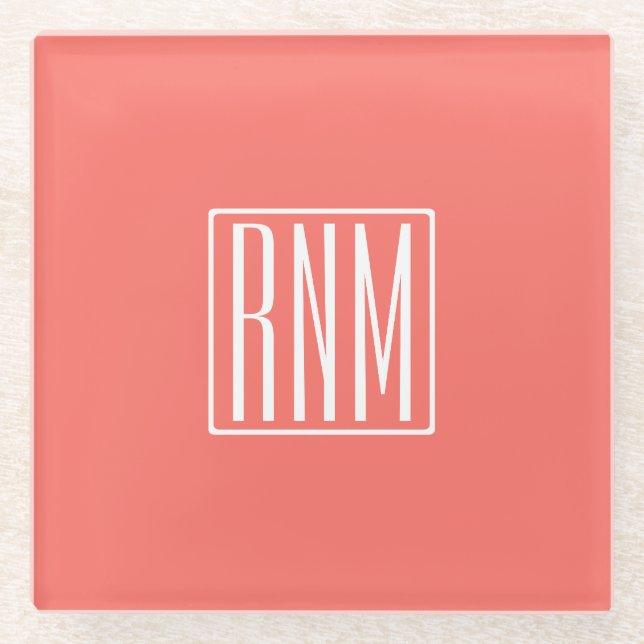 Initials Monogram | White On Coral Glass Coaster (Front)