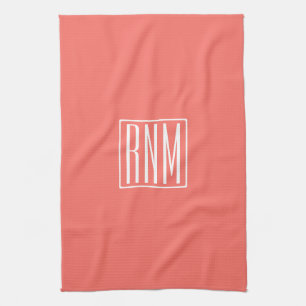 Initials Monogram   White On Coral Kitchen Towel
