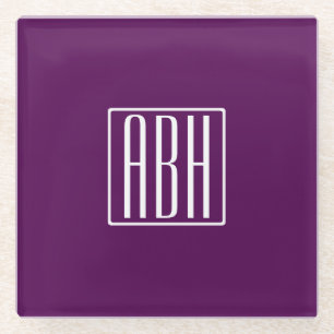 Initials Monogram   White On Deep Purple Glass Coaster