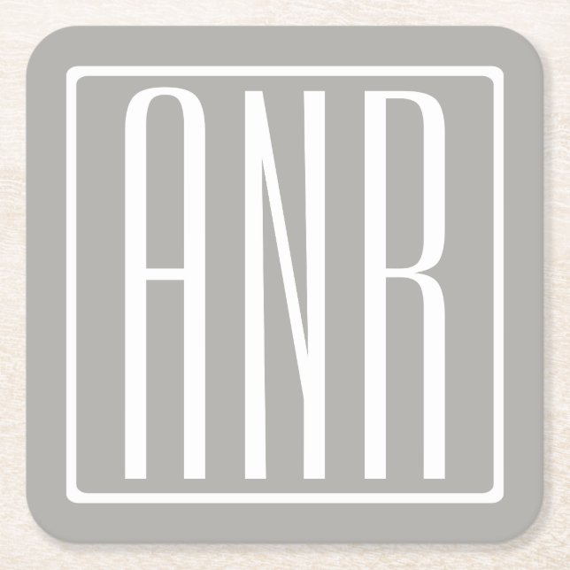 Initials Monogram | White On Light Grey Square Paper Coaster (Front)